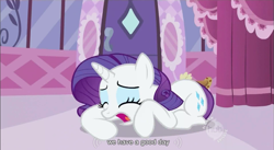 Size: 853x468 | Tagged: safe, screencap, character:rarity, species:pony, species:unicorn, episode:sisterhooves social, g4, my little pony: friendship is magic, carousel boutique, crying, female, mare, misleading, misleading text, prone, solo, youtube caption