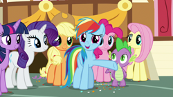Size: 1920x1080 | Tagged: safe, screencap, character:applejack, character:fluttershy, character:pinkie pie, character:rainbow dash, character:rarity, character:spike, character:twilight sparkle, character:twilight sparkle (alicorn), species:alicorn, species:dragon, species:pony, episode:the last crusade, g4, my little pony: friendship is magic, mane six, winged spike