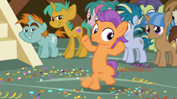 Size: 1280x720 | Tagged: safe, screencap, character:featherweight, character:skeedaddle, character:snails, character:snips, character:tender taps, species:pony, episode:the last crusade, g4, my little pony: friendship is magic, colt, dancing, female, filly, male, motion blur, tap dancing