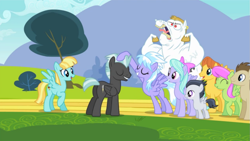 Size: 1273x717 | Tagged: safe, screencap, character:bulk biceps, character:cloudchaser, character:flitter, character:helia, character:mane moon, character:merry may, character:rumble, character:thunderlane, species:pegasus, species:pony, episode:hurricane fluttershy, g4, my little pony: friendship is magic, background pony, colt, crescent pony, female, male, mare, plot, stallion, stretchy, warm front