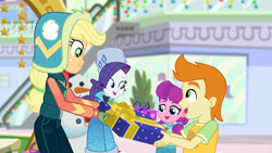 Size: 1920x1080 | Tagged: safe, screencap, character:applejack, character:lily longsocks, character:rarity, equestria girls:holidays unwrapped, g4, my little pony:equestria girls, canterlot mall, child, children, clothing, coat, cute, decoration, escalator, gallop j. fry, gift box, gift giving, gloves, holiday decorations, jacket, male, present, rarity's winter hat, snowman, winter break-in, winter coat, winter hat, winter outfit