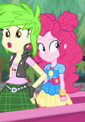 Size: 695x995 | Tagged: safe, screencap, character:cherry crash, character:pinkie pie, equestria girls:sunset's backstage pass, g4, my little pony:equestria girls, barrier, cherry crash, clothing, cropped, duo, duo female, ear piercing, earring, female, fingerless gloves, geode of sugar bombs, gloves, jewelry, lipstick, magical geodes, music festival outfit, outdoors, piercing, plaid skirt, skirt, vest
