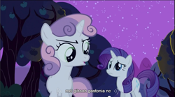 Size: 855x474 | Tagged: safe, screencap, character:rarity, character:sweetie belle, species:pony, species:unicorn, episode:sisterhooves social, g4, my little pony: friendship is magic, duo, duo female, female, filly, mare, mel gibson, night, youtube caption