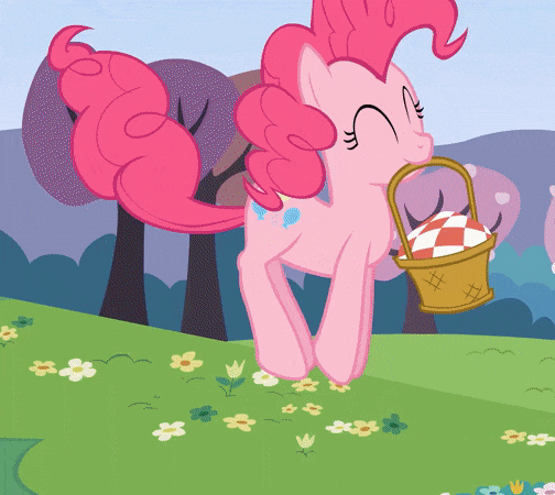Size: 504x450 | Tagged: safe, screencap, character:pinkie pie, species:earth pony, species:pony, episode:lesson zero, g4, my little pony: friendship is magic, animated, basket, cropped, cute, diapinkes, eyes closed, female, gif, mare, mouth hold, picnic basket, pinkie being pinkie, pronking, solo