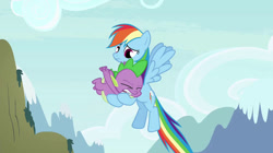 Size: 739x415 | Tagged: safe, screencap, character:rainbow dash, character:spike, episode:twilight's kingdom, g4, my little pony: friendship is magic, female, holding a dragon, male
