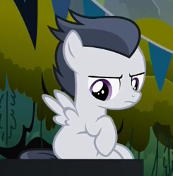 Size: 291x297 | Tagged: safe, screencap, character:rumble, species:pegasus, species:pony, episode:marks and recreation, g4, my little pony: friendship is magic, colt, cropped, frown, male, sitting, solo