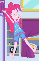 Size: 2100x3262 | Tagged: safe, screencap, character:pinkie pie, equestria girls:sunset's backstage pass, g4, my little pony:equestria girls, barefoot, clothing, cropped, feet, happy, jumping, pajamas, sleeveless, soles, solo