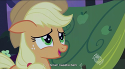 Size: 851x471 | Tagged: safe, screencap, character:applejack, species:earth pony, species:pony, female, mare, solo, youtube caption