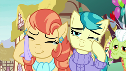 Size: 1280x720 | Tagged: safe, screencap, character:aunt holiday, character:auntie lofty, character:granny smith, oc, species:pony, episode:the last crusade, g4, my little pony: friendship is magic, crying, tears of joy, teary eyes, wiping tears