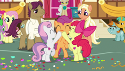 Size: 1920x1080 | Tagged: safe, screencap, character:apple bloom, character:fluttershy, character:mane allgood, character:mayor mare, character:pinkie pie, character:scootaloo, character:snails, character:snap shutter, character:snips, character:spike, character:sweetie belle, species:pegasus, species:pony, episode:the last crusade, g4, my little pony: friendship is magic, cutie mark crusaders, hoofbump