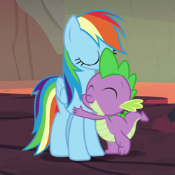Size: 670x670 | Tagged: safe, screencap, character:rainbow dash, character:spike, species:dragon, species:pegasus, species:pony, episode:shadow play, g4, my little pony: friendship is magic, cropped, cute, dawwww, eyes closed, female, hug, male, spikabetes, spikelove