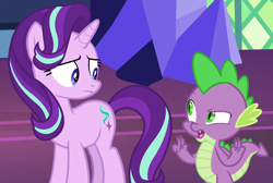 Size: 1250x840 | Tagged: safe, screencap, character:spike, character:starlight glimmer, species:dragon, species:pony, species:unicorn, episode:shadow play, g4, my little pony: friendship is magic, cropped, female, male