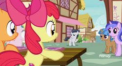 Size: 1181x643 | Tagged: safe, screencap, character:apple bloom, character:mocha berry, character:rumble, character:scootaloo, character:sea swirl, character:tulip swirl, species:earth pony, species:pegasus, species:pony, species:unicorn, episode:marks and recreation, g4, my little pony: friendship is magic, colt, discovery family logo, female, filly, foal, male, mare, ponyville, waving
