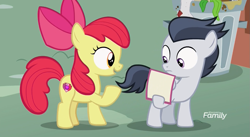 Size: 1181x647 | Tagged: safe, screencap, character:apple bloom, character:rumble, species:earth pony, species:pegasus, species:pony, episode:marks and recreation, g4, my little pony: friendship is magic, bow, card, colt, discovery family logo, female, filly, flyer, male, trash can