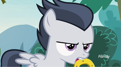 Size: 1179x652 | Tagged: safe, screencap, character:rumble, species:pegasus, species:pony, episode:marks and recreation, g4, my little pony: friendship is magic, annoyed, colt, discovery family logo, horseshoes, male, mouth hold, solo