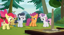 Size: 1177x647 | Tagged: safe, screencap, character:apple bloom, character:kettle corn, character:pipsqueak, character:rumble, character:scootaloo, character:skeedaddle, character:sweetie belle, species:earth pony, species:pegasus, species:pony, species:unicorn, episode:marks and recreation, g4, my little pony: friendship is magic, colt, cutie mark, cutie mark crusaders, cutie mark day camp, discovery family logo, female, filly, horseshoes, looking down, male, the cmc's cutie marks