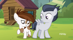 Size: 1179x653 | Tagged: safe, screencap, character:pipsqueak, character:rumble, species:earth pony, species:pegasus, species:pony, episode:marks and recreation, g4, my little pony: friendship is magic, blank flanks forever, colt, cutie mark day camp, discovery family logo, duo, eyes on the prize, looking at something, male