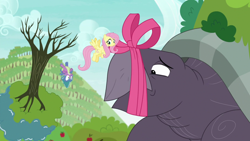 Size: 1920x1080 | Tagged: safe, screencap, character:fluttershy, character:spike, species:dragon, species:pony, episode:between dark and dawn, g4, my little pony: friendship is magic, apple, apple tree, bow, giant tortoise, mr. tortoisnap, tortoise, tree, winged spike