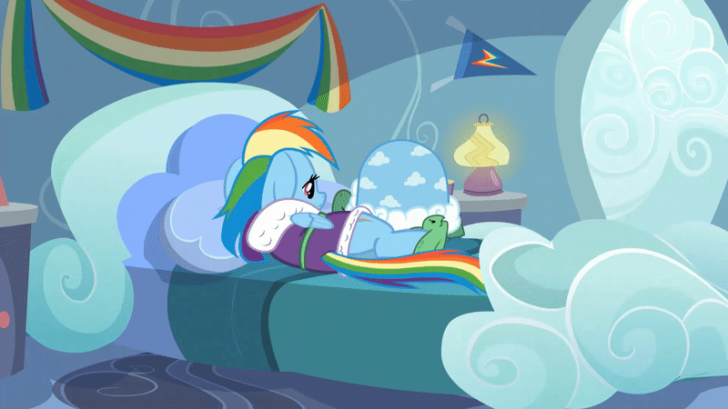 Size: 800x450 | Tagged: safe, screencap, character:rainbow dash, character:tank, species:pegasus, species:pony, episode:tanks for the memories, g4, my little pony: friendship is magic, animated, bathrobe, bed, clothing, cute, dashabetes, dawwww, gif, hnnng, pajamas, rainbow dash's bedroom, rainbow dash's house, robe, sad, shy, shy dashie, slippers, solo, tank slippers