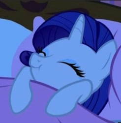 Size: 907x923 | Tagged: safe, screencap, character:rarity, species:pony, species:unicorn, episode:look before you sleep, g4, my little pony: friendship is magic, :t, bed, cropped, cute, eyes closed, female, happy, mare, pillow, raribetes, sleeping, smiling, solo
