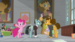 Size: 1920x1080 | Tagged: safe, screencap, character:cheese sandwich, character:pinkie pie, character:sans smirk, species:pony, episode:the last laugh, g4, my little pony: friendship is magic, alternate hairstyle, clothing, sweater, turtleneck