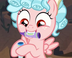 Size: 635x511 | Tagged: safe, screencap, character:cozy glow, species:pegasus, species:pony, episode:frenemies, g4, my little pony: friendship is magic, cozy glow is best facemaker, cozybetes, crayons, cropped, cute, hoof hold, mouth hold, solo
