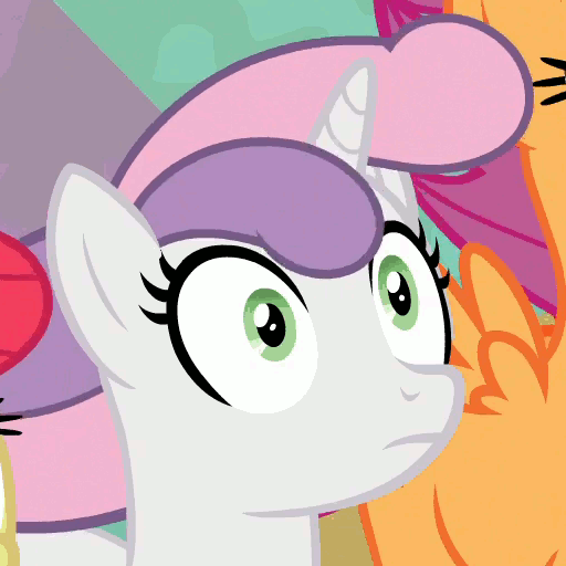 Size: 512x512 | Tagged: safe, screencap, character:apple bloom, character:scootaloo, character:sweetie belle, species:pegasus, species:pony, episode:growing up is hard to do, g4, my little pony: friendship is magic, animated, cropped, gif, loop, mane, older, older sweetie belle, reaction image, solo focus, stare, thousand yard stare, wide eyes, wind, windswept mane