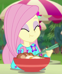 Size: 530x627 | Tagged: safe, screencap, character:fluttershy, episode:lost and pound, g4, my little pony:equestria girls, chopsticks, cropped, cute, eating, food, lost and pound: spike, noodle bowl, noodles, ramen, shyabetes, solo