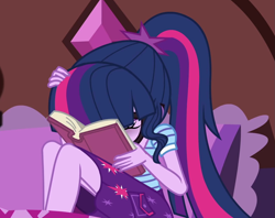 Size: 1305x1036 | Tagged: safe, screencap, character:twilight sparkle, character:twilight sparkle (scitwi), species:eqg human, equestria girls:holidays unwrapped, g4, my little pony:equestria girls, bed, blizzard or bust, book, clothing, cropped, exhausted, female, frustrated, legs, pillow, ponytail, sci-twi's room, skirt, solo, studying