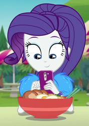 Size: 764x1080 | Tagged: safe, screencap, character:rarity, episode:lost and pound, g4, my little pony:equestria girls, beautiful, cellphone, chopsticks, cropped, cute, female, food, geode of shielding, lost and pound: spike, magical geodes, noodle bowl, noodles, outdoors, phone, pretty, raribetes, smartphone, solo, table, taking a photo, umbrella