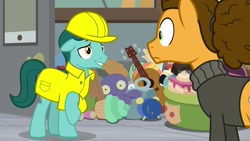 Size: 1920x1080 | Tagged: safe, screencap, character:cheese sandwich, species:earth pony, species:pony, episode:the last laugh, g4, my little pony: friendship is magic, alternate hairstyle, background pony, clothing, duo, hard hat, hat, sweater, turtleneck, unnamed pony