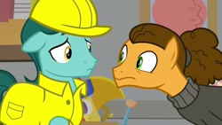 Size: 1920x1080 | Tagged: safe, screencap, character:cheese sandwich, species:earth pony, species:pony, episode:the last laugh, g4, my little pony: friendship is magic, alternate hairstyle, background pony, clothing, duo, hard hat, hat, male, stallion, sweater, turtleneck, unnamed pony