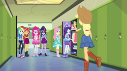 Size: 1920x1080 | Tagged: safe, screencap, character:applejack, character:fluttershy, character:pinkie pie, character:rainbow dash, character:rarity, character:sunset shimmer, character:twilight sparkle, character:twilight sparkle (scitwi), species:eqg human, equestria girls:holidays unwrapped, g4, my little pony:equestria girls, animation error, applejack's hat, barrette, book, boots, bracelet, clothing, converse, cowboy hat, crossed arms, denim skirt, dress, geode of empathy, geode of fauna, geode of shielding, geode of sugar bombs, geode of super speed, glasses, hallway, hat, high heels, humane five, humane seven, humane six, jacket, jewelry, leggings, lockers, looking at someone, magical geodes, miniskirt, mirror, pants, pencil skirt, perfume, ponytail, raglan shirt, school, shirt, shoes, skirt, smiling, sneakers, standing, stetson, striped shirt, t-shirt, waving, wristband
