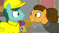 Size: 1920x1080 | Tagged: safe, screencap, character:cheese sandwich, species:earth pony, species:pony, episode:the last laugh, g4, my little pony: friendship is magic, alternate hairstyle, background pony, clothing, duo, faec, hard hat, hat, male, stallion, sweater, turtleneck, unnamed pony