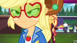 Size: 1920x1080 | Tagged: safe, screencap, character:applejack, character:sunset shimmer, equestria girls:sunset's backstage pass, g4, my little pony:equestria girls, applejack's festival hat, applejack's sunglasses, close-up, clothing, cowboy hat, duo, duo female, female, hat, male, max steele, outdoors, security guard, sunglasses