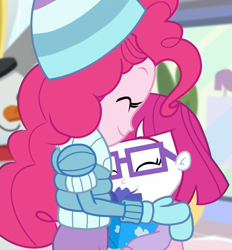 Size: 1003x1080 | Tagged: safe, screencap, character:pinkie pie, equestria girls:holidays unwrapped, g4, my little pony:equestria girls, canterlot mall, child, clothing, cropped, cute, dawwww, diapinkes, female, gift giving, glasses, hat, heartwarming, hug, little red, mittens, sweet dreams fuel, winter break-in, winter hat, winter outfit