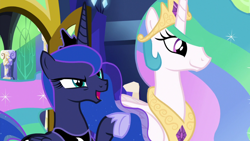 Size: 1920x1080 | Tagged: safe, screencap, character:princess celestia, character:princess luna, species:alicorn, species:pony, episode:between dark and dawn, g4, my little pony: friendship is magic, chestplate, crown, duo, ethereal mane, female, flowing mane, flowing tail, hoof shoes, jewelry, multicolored hair, peytral, pointing, raised eyebrow, raised hoof, regalia, royal sisters, siblings, sisters, smiling, talking, twilight's castle