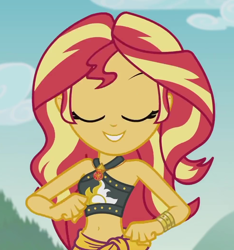 Size: 978x1046 | Tagged: safe, screencap, character:sunset shimmer, episode:unsolved selfie mysteries, g4, my little pony:equestria girls, belly button, bikini, bikini babe, clothing, cropped, cute, eyes closed, female, geode of empathy, magical geodes, midriff, outdoors, sarong, shimmerbetes, sleeveless, smiling, solo, swimsuit