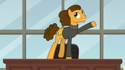 Size: 1920x1080 | Tagged: safe, screencap, character:cheese sandwich, species:earth pony, species:pony, episode:the last laugh, g4, my little pony: friendship is magic, alternate hairstyle, clothing, male, raised hoof, solo, stallion, sweater, turtleneck
