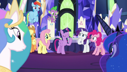 Size: 1920x1080 | Tagged: safe, screencap, character:applejack, character:fluttershy, character:pinkie pie, character:princess celestia, character:princess luna, character:rainbow dash, character:rarity, character:spike, character:twilight sparkle, character:twilight sparkle (alicorn), species:alicorn, species:dragon, species:pony, episode:between dark and dawn, g4, my little pony: friendship is magic, cutie map, mane six, twilight's castle, winged spike