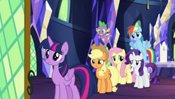 Size: 1920x1080 | Tagged: safe, screencap, character:applejack, character:fluttershy, character:rainbow dash, character:rarity, character:spike, character:twilight sparkle, character:twilight sparkle (alicorn), species:alicorn, species:dragon, species:pony, episode:between dark and dawn, g4, my little pony: friendship is magic, cutie map, twilight's castle, winged spike