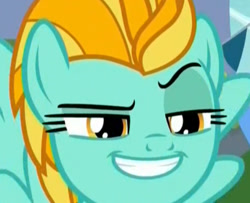 Size: 541x439 | Tagged: safe, screencap, character:lightning dust, species:pegasus, species:pony, episode:the washouts, g4, my little pony: friendship is magic, cropped, dreamworks face, female, grinding, mare, raised eyebrow, solo, wings