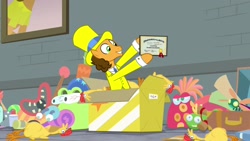Size: 1920x1080 | Tagged: safe, screencap, character:cheese sandwich, species:earth pony, species:pony, episode:the last laugh, g4, my little pony: friendship is magic, clothing, diploma, hat, male, rubber chicken, solo, stallion, suit, top hat, toy