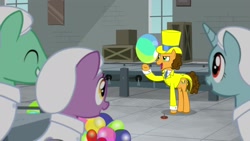 Size: 1920x1080 | Tagged: safe, screencap, character:cheese sandwich, species:earth pony, species:pony, species:unicorn, episode:the last laugh, g4, my little pony: friendship is magic, background pony, beach ball, clothing, female, hat, male, mare, raspberry cotton, stallion, suit, top hat, unnamed pony