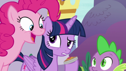 Size: 1920x1080 | Tagged: safe, screencap, character:pinkie pie, character:spike, character:twilight sparkle, character:twilight sparkle (alicorn), species:alicorn, species:dragon, species:pony, episode:between dark and dawn, g4, my little pony: friendship is magic, amulet, jewelry, winged spike