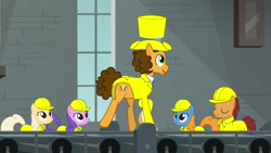 Size: 1920x1080 | Tagged: safe, screencap, character:cheese sandwich, species:earth pony, species:pony, episode:the last laugh, g4, my little pony: friendship is magic, background pony, clothing, conveyor belt, female, giggleberry, hard hat, hat, male, mare, pun twirl, stallion, suit, top hat, unnamed pony