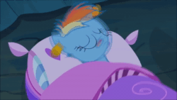 Size: 1280x720 | Tagged: safe, screencap, character:rainbow dash, species:pegasus, species:pony, episode:sleepless in ponyville, g4, my little pony: friendship is magic, animated, cave, ear plugs, female, horse noises, mare, pillow, sleeping, snoring, solo, sound, webm