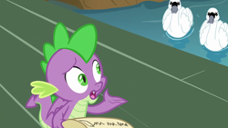 Size: 1920x1080 | Tagged: safe, screencap, character:spike, species:bird, species:dragon, episode:between dark and dawn, g4, my little pony: friendship is magic, bridge, scroll, swan, winged spike