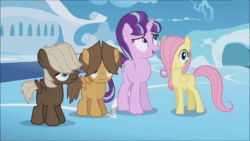 Size: 1280x720 | Tagged: safe, screencap, character:dumbbell, character:fluttershy, character:hoops, character:starlight glimmer, species:pegasus, species:pony, species:unicorn, episode:the cutie re-mark, animated, colt, female, filly, filly fluttershy, male, mare, nodding, s5 starlight, sound, webm, younger