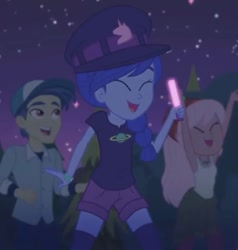 Size: 712x749 | Tagged: safe, screencap, episode:the last drop, g4, my little pony:equestria girls, cheering, clothing, cropped, glowstick, happy, hat, mile hill, night, raspberry lilac, space camp (character)